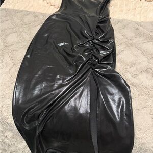 Hot Miami Styles Black Faux Leather High-Low Dress